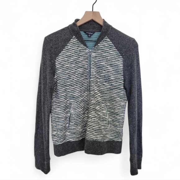 Lucky Brand Zip Up Raglan Bomber Mixed Knit Boyfriend Sweater Jacket Size Medium - Picture 3 of 7